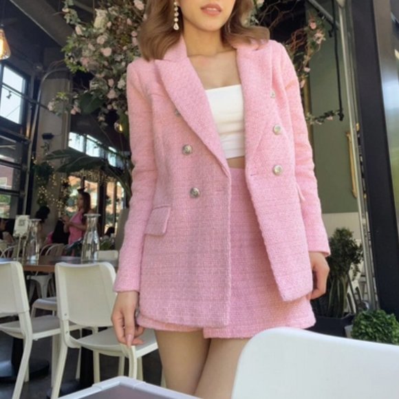 Pink Tweed Double Breasted Blazer Chic Classy - Picture 14 of 14
